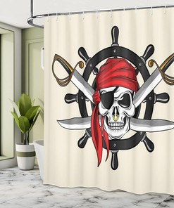 Pirate Skull Shower Curtain, Scarf Wheel Violence Sea Sail Adventure Cloth Bathroom Decor, Cream Black Red