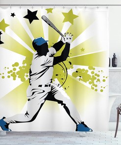 Pitcher Hits The Ball Shower Curtain, Stars All Over The Bat Cloth Bathroom Decor in White Green