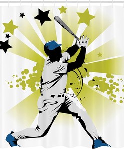 Pitcher Hits The Ball Shower Curtain, Stars All Over The Bat Cloth Bathroom Decor in White Green