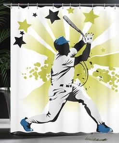 Pitcher Hits The Ball Shower Curtain, Stars All Over The Bat Cloth Bathroom Decor in White Green