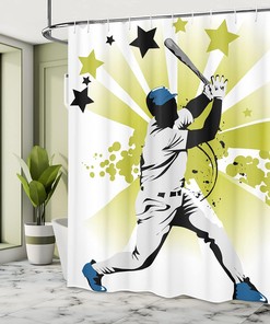 Pitcher Hits The Ball Shower Curtain, Stars All Over The Bat Cloth Bathroom Decor in White Green