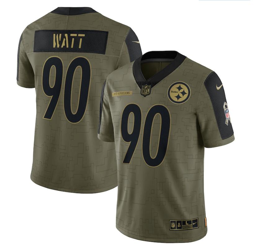Pittsburgh Steelers T.j. Watt 90 Nfl Olive 2021 Salute To Service Player Men Jersey For Steelers Fans