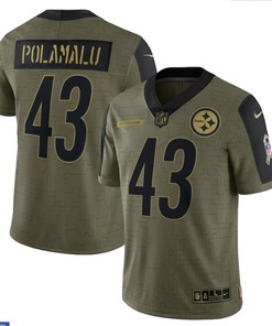 Pittsburgh Steelers Troy Polamalu 43 Nfl Olive 2021 Salute To Service Player Men Jersey For Steelers Fans