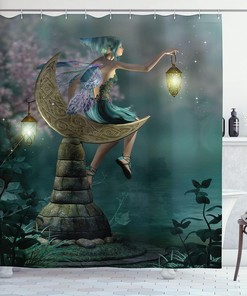 Pixie Elf Forest Woodland Cloth Fabric Shower Curtain, Sitting Moon Stone Myth Illustration Art, Bathroom Decor