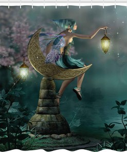 Pixie Elf Forest Woodland Cloth Fabric Shower Curtain, Sitting Moon Stone Myth Illustration Art, Bathroom Decor