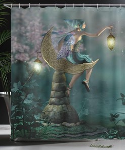 Pixie Elf Forest Woodland Cloth Fabric Shower Curtain, Sitting Moon Stone Myth Illustration Art, Bathroom Decor