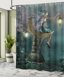 Pixie Elf Forest Woodland Cloth Fabric Shower Curtain, Sitting Moon Stone Myth Illustration Art, Bathroom Decor