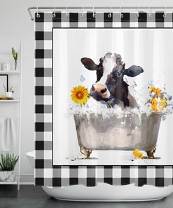 Plaid Sunflower Cow Shower Curtain - Rustic Bathroom Decor