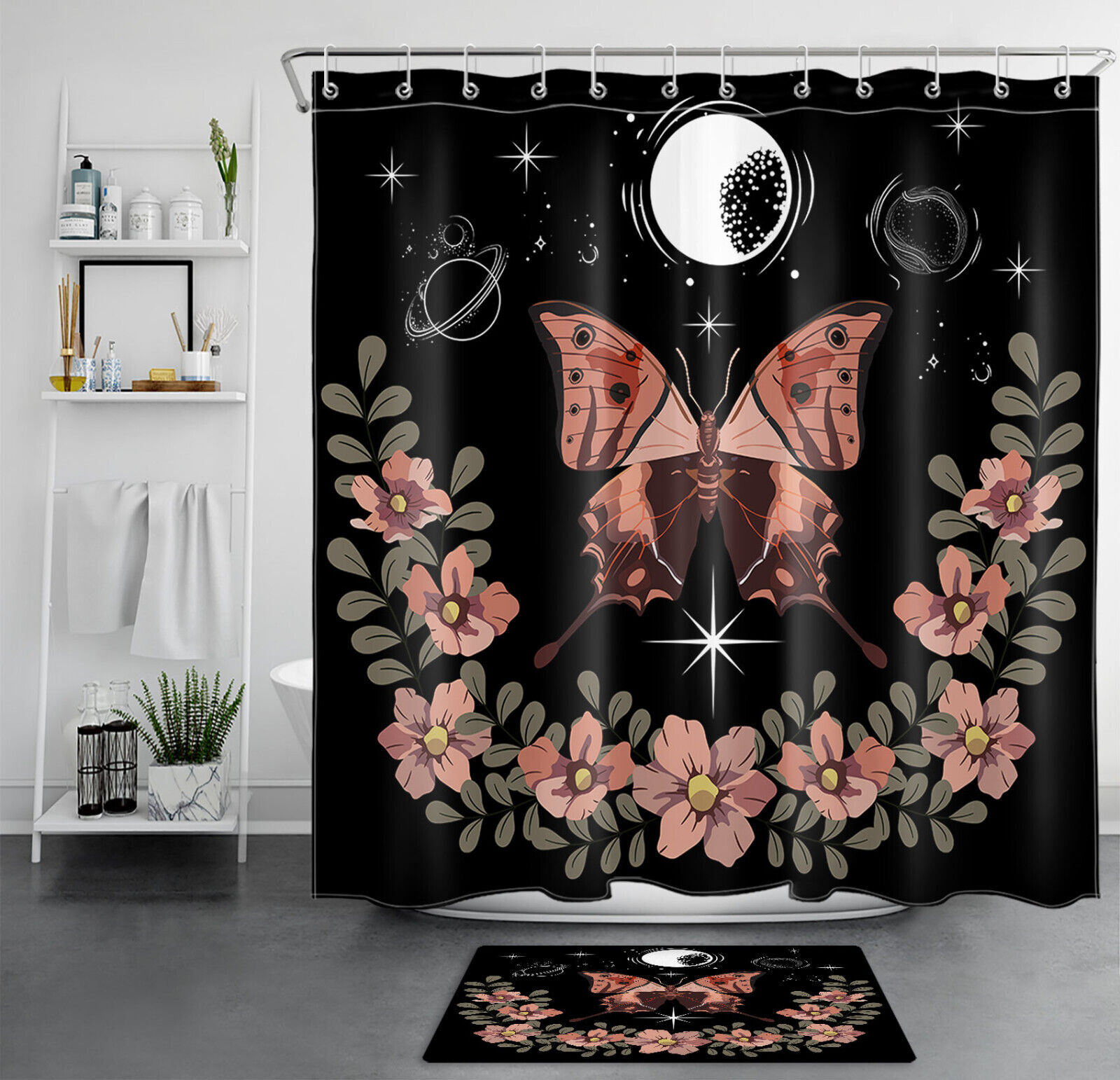 Planet Flower Butterfly Shower Curtain - Mystic Bathroom Decor