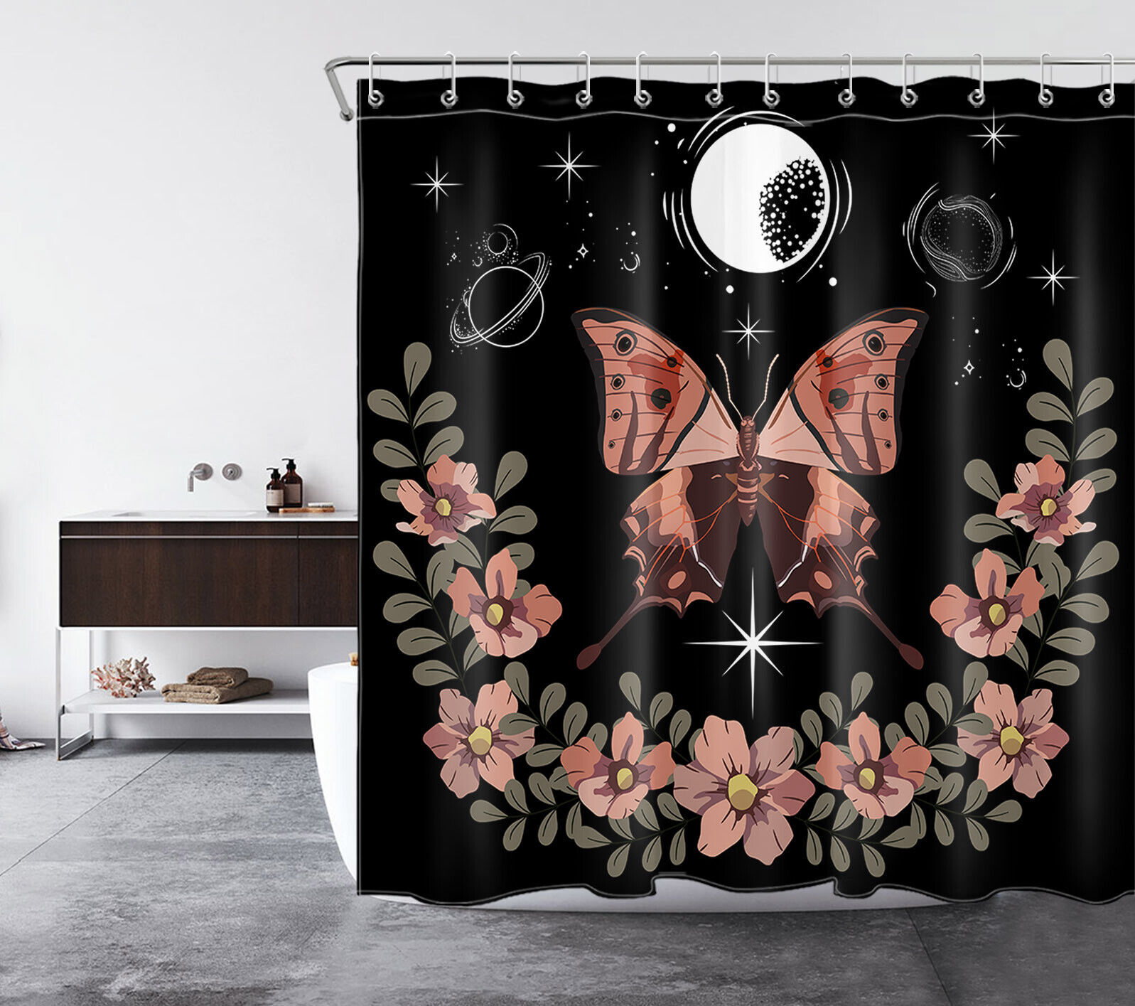Planet Flower Butterfly Shower Curtain - Mystic Bathroom Decor