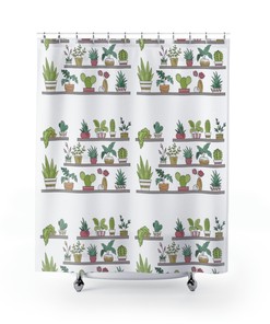 Plant Lover's Boho Shower Curtain - Shelf Full of Green Cacti for Bathroom Decor