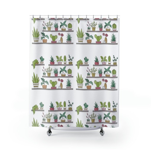 Plant Lover's Boho Shower Curtain - Shelf Full of Green Cacti for Bathroom Decor