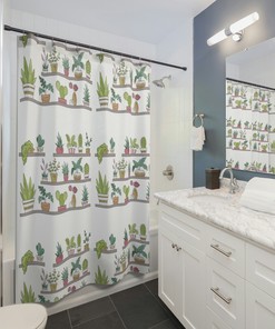 Plant Lover's Boho Shower Curtain - Shelf Full of Green Cacti for Bathroom Decor