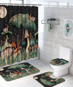 Plants and Moon Shower Curtain Mushroom Bathroom Decor