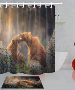 Playing Bear Baby Shower Curtain Liner Fabric Bathroom Hooks