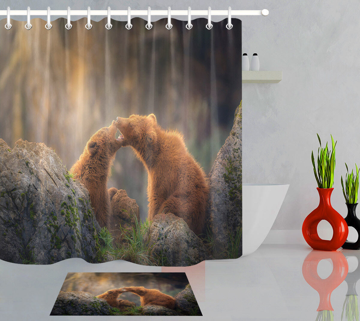 Playing Bear Baby Shower Curtain Liner Fabric Bathroom Hooks