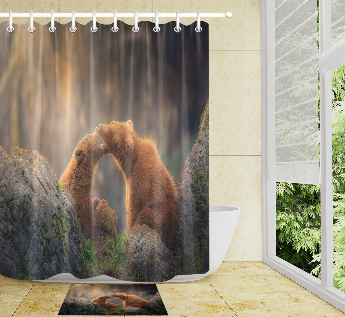 Playing Bear Baby Shower Curtain Liner Fabric Bathroom Hooks