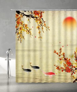Plum Blossom Bloom Trees Branch Koi Fish Shower Curtain - Asian Ink Painting Bathroom Decor