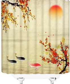 Plum Blossom Bloom Trees Branch Koi Fish Shower Curtain - Asian Ink Painting Bathroom Decor