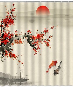 Plum Blossom Red Sun Trees Branch Koi Fish Lake Shower Curtain - Asian Landscape Bathroom Decor