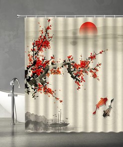 Plum Blossom Red Sun Trees Branch Koi Fish Lake Shower Curtain - Asian Landscape Bathroom Decor