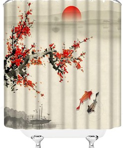 Plum Blossom Red Sun Trees Branch Koi Fish Lake Shower Curtain - Asian Landscape Bathroom Decor