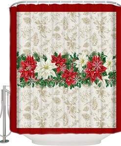 Poinsettia Berry Snowflake Shower Curtain - Elegant Christmas Bathroom Decor