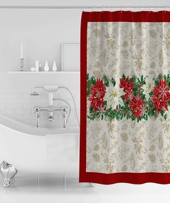 Poinsettia Berry Snowflake Shower Curtain - Elegant Christmas Bathroom Decor