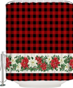 Poinsettia Snowflake Red Black Buffalo Plaid Shower Curtain - Sophisticated Christmas Bathroom Decor