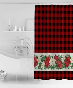 Poinsettia Snowflake Red Black Buffalo Plaid Shower Curtain - Sophisticated Christmas Bathroom Decor