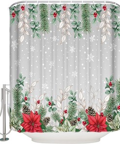 Poinsettia Xmas Snowflake Eucalyptus Shower Curtain - Botanical Christmas Bathroom Decor