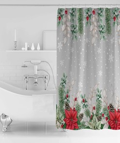 Poinsettia Xmas Snowflake Eucalyptus Shower Curtain - Botanical Christmas Bathroom Decor