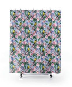 Preppy and Cute Birds and Flowers Shower Curtain with Floral and Jungle Prints