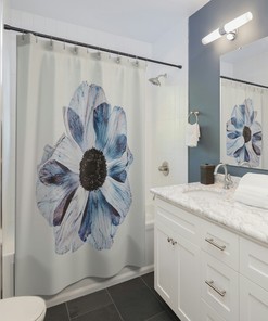 Pressed Flower Botanical Shower Curtain - Blue Spring Bathroom Decor with Unique Art Design