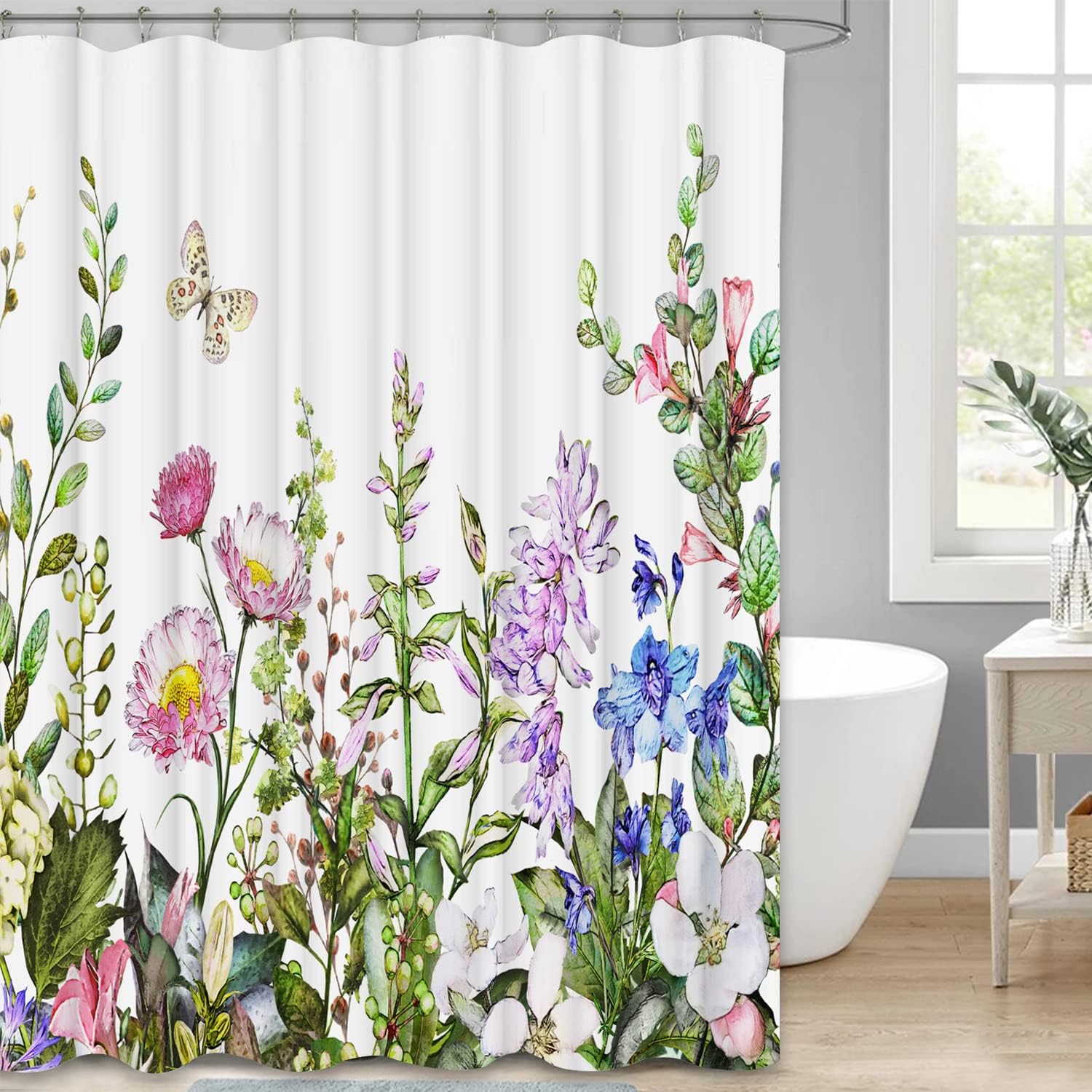 Printed Plant Flower Shower Curtain with Fabric | Bathroom Decor