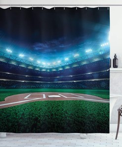 Professional Baseball Shower Curtain, Vibrant Playground Stadium League Theme Print for Sports Bathroom Decor