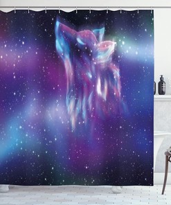 Psychedelic Wolf Aurora Borealis Cloth Fabric Shower Curtain, Northern Starry Sky Display, Bathroom Decor