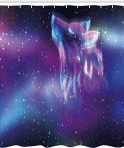 Psychedelic Wolf Aurora Borealis Cloth Fabric Shower Curtain, Northern Starry Sky Display, Bathroom Decor