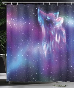 Psychedelic Wolf Aurora Borealis Cloth Fabric Shower Curtain, Northern Starry Sky Display, Bathroom Decor