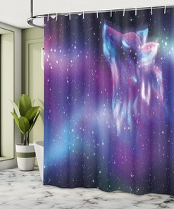 Psychedelic Wolf Aurora Borealis Cloth Fabric Shower Curtain, Northern Starry Sky Display, Bathroom Decor