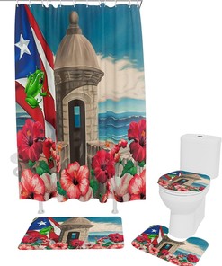 Puerto Rico Flag Frog Shower Curtain Set for Coastal Bathroom Decor