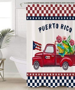 Puerto Rico Flag Truck with Two Frogs Shower Curtain for a Quirky Bathroom Decor