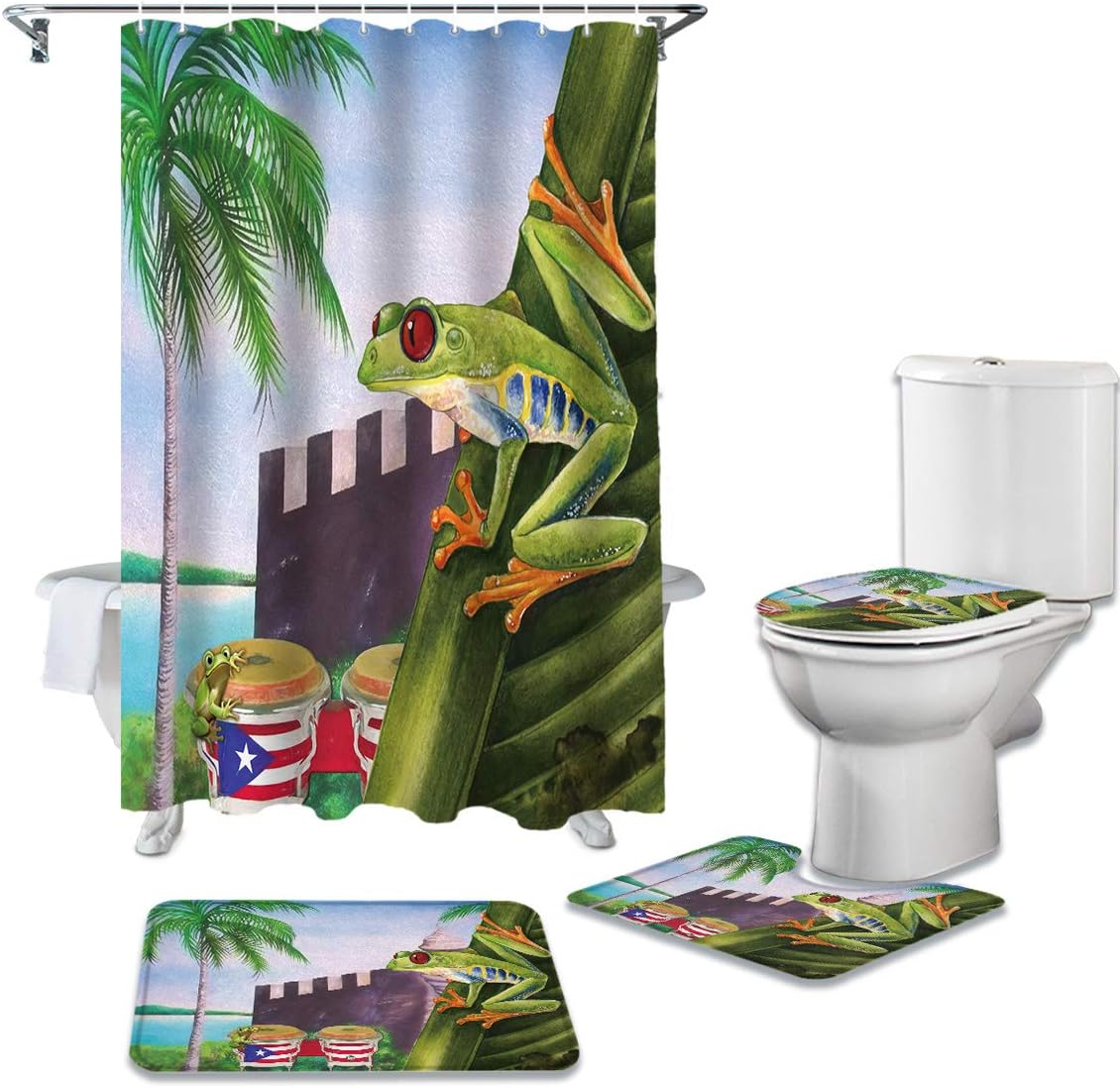 Puerto Rico Flag and Tropical Elements Shower Curtain for a Beachy Bathroom Decor