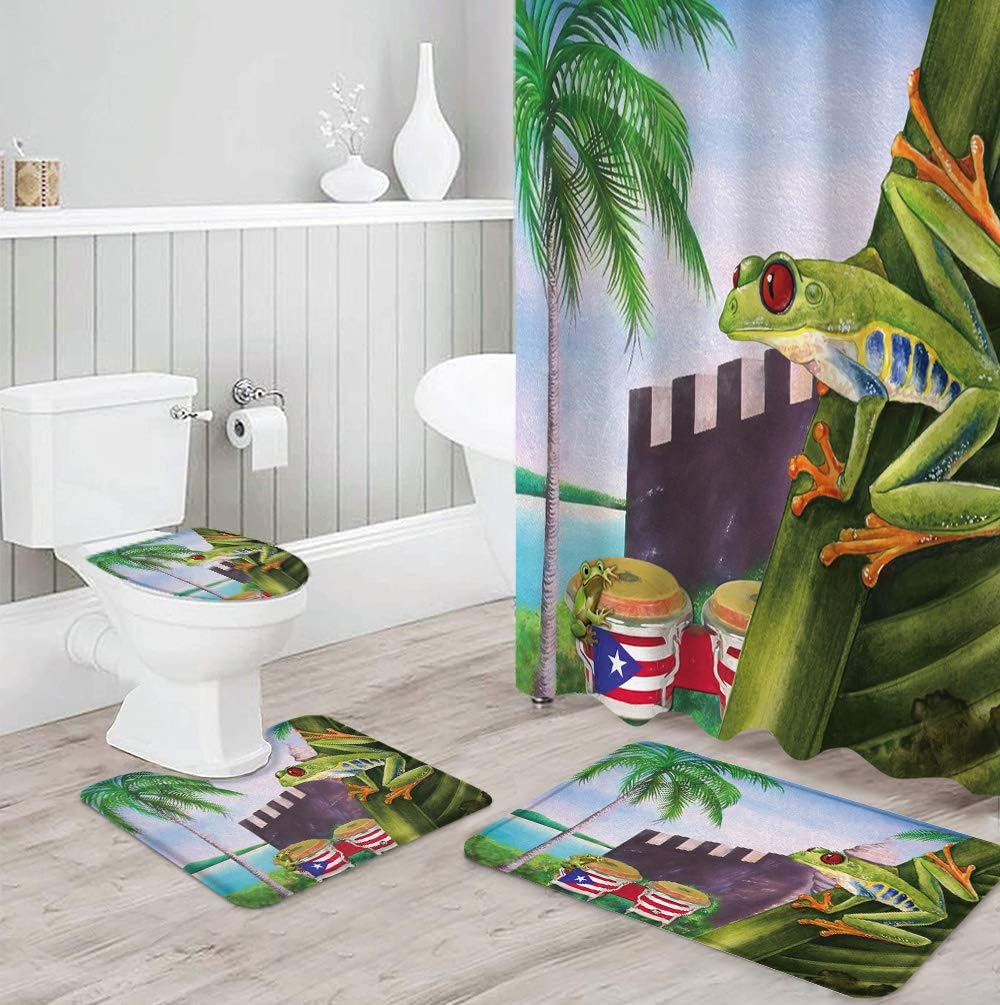 Puerto Rico Flag and Tropical Elements Shower Curtain for a Beachy Bathroom Decor