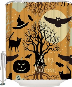 Pumpkin Bats Black Cat Owl Shower Curtain - Halloween Bathroom Decor