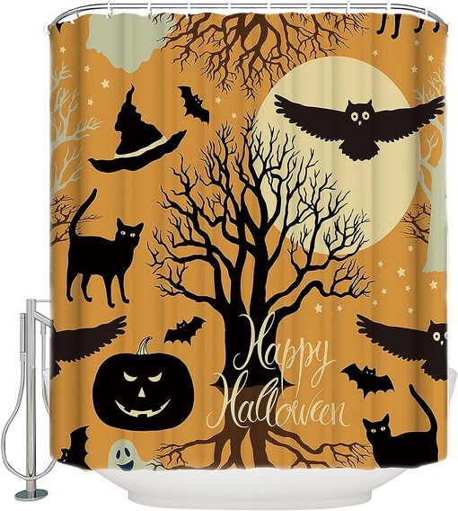 Pumpkin Bats Black Cat Owl Shower Curtain - Halloween Bathroom Decor