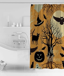 Pumpkin Bats Black Cat Owl Shower Curtain - Halloween Bathroom Decor