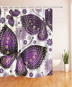 Purple Butterfly and Flower Waterproof Fabric Shower Curtain for Bathroom