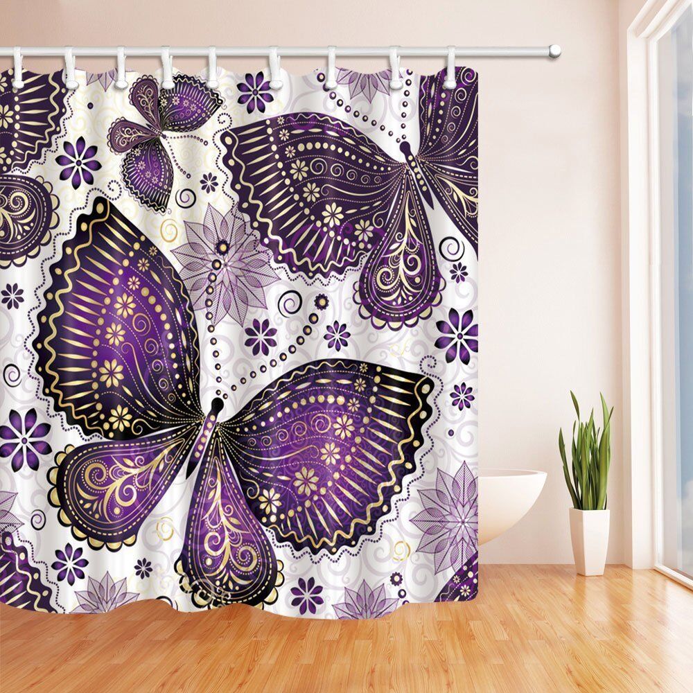 Purple Butterfly and Flower Waterproof Fabric Shower Curtain for Bathroom