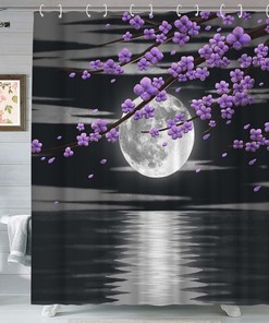 Purple Flower Shower Curtain - Full Moon Night Bathroom Decor